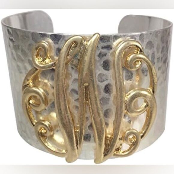 Gypsy Jewels Jewelry - Gypsy Jewels Wide 2 Tone Hammered Boutique Look Monogram Initial Cuff Bracelet